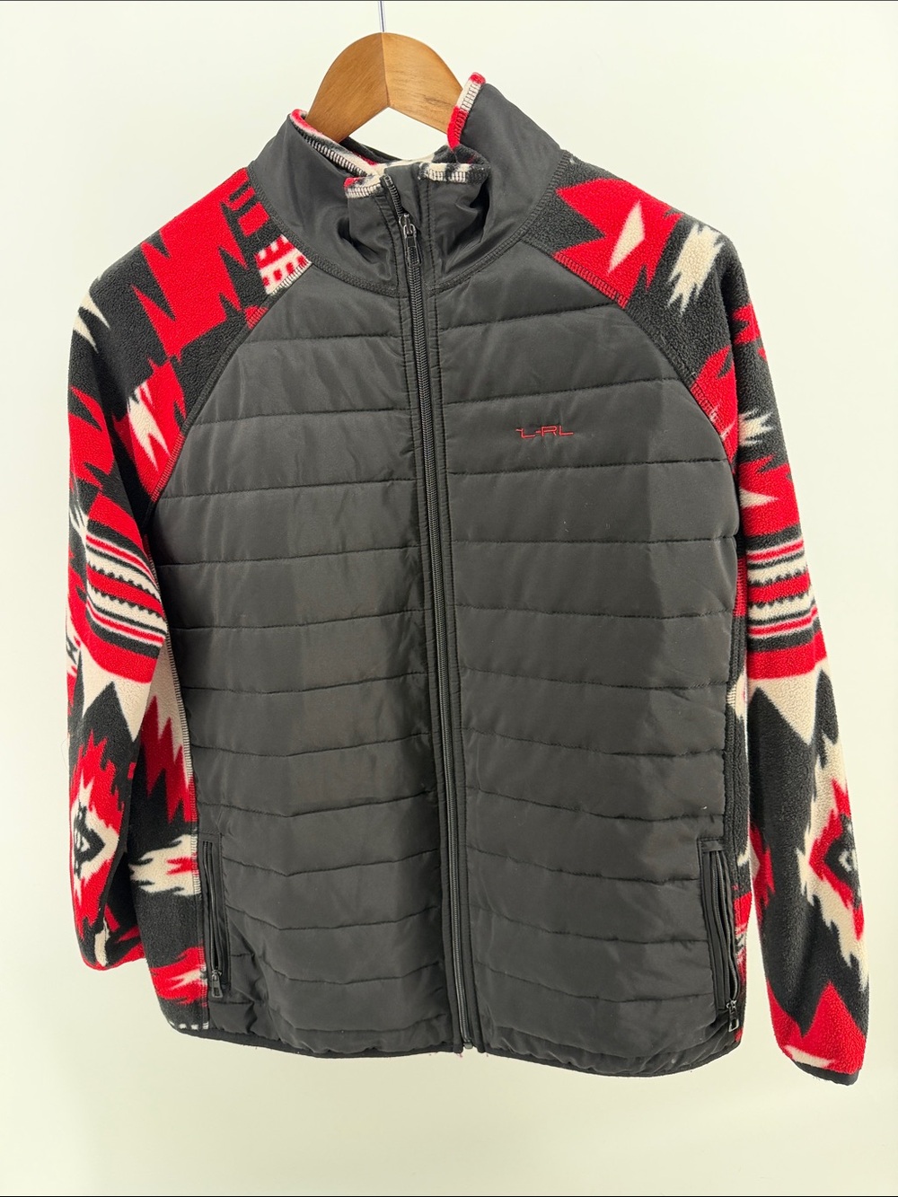 Lauren Ralph Lauren Charcoal Quilted Jacket with Red Aztec Fleece Sleeves